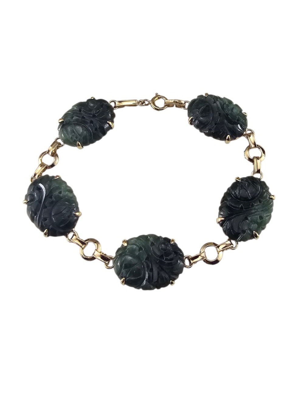 14K Yellow Gold Carved Jade Bracelet #24653